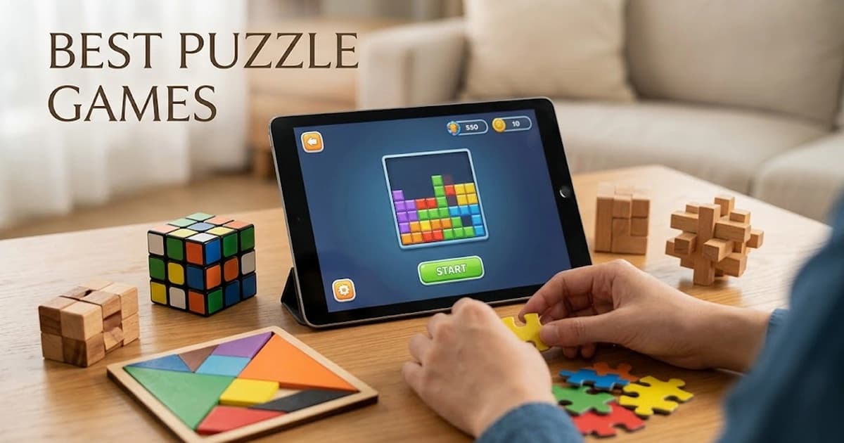 Player solving colorful browser puzzle games designed to improve memory, logic, and problem-solving skills