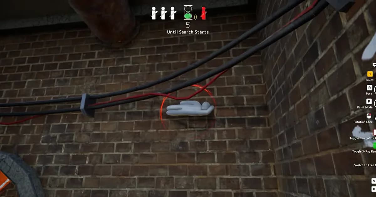A player carefully blends into a brick wall beside overhead cables using custom paint and posing tools.
