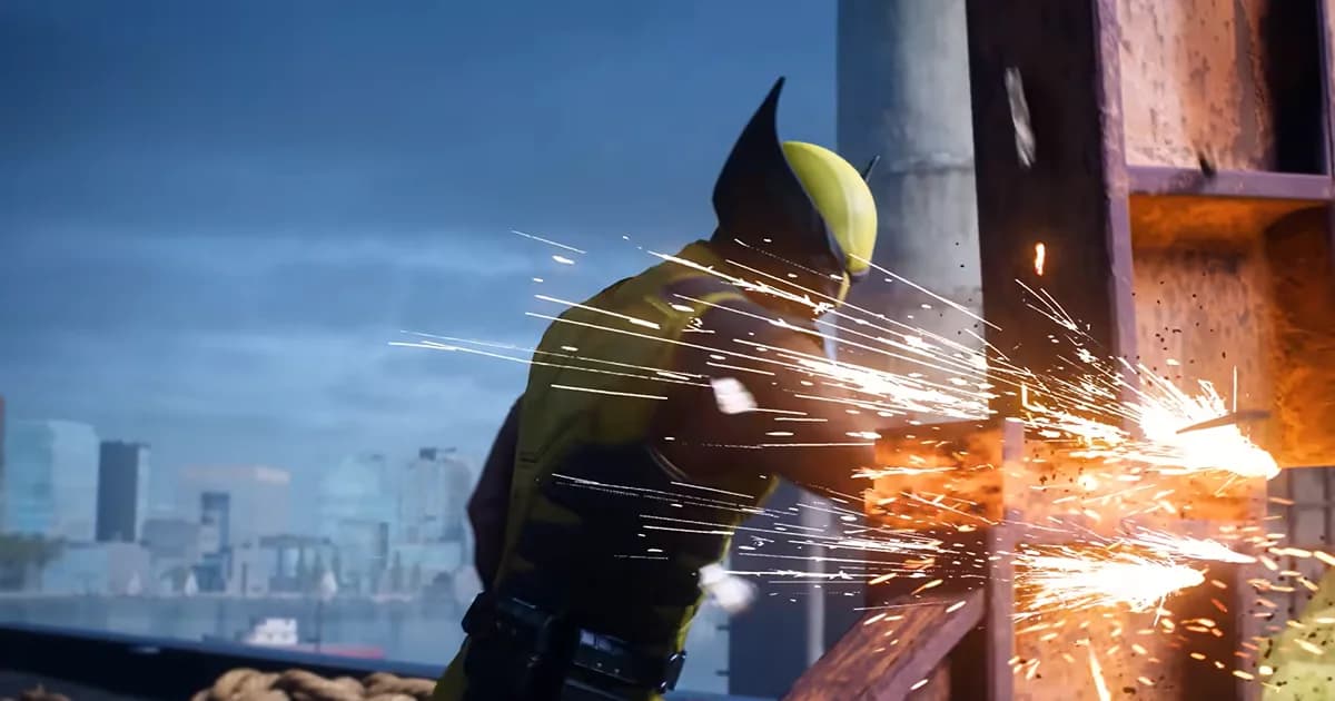 Wolverine slices through a steel beam with his adamantium claws, sending sparks flying during an industrial combat encounter.