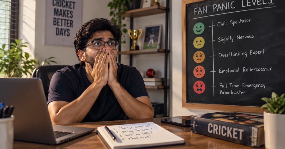 Different cricket fans experiencing various levels of panic during a tense match