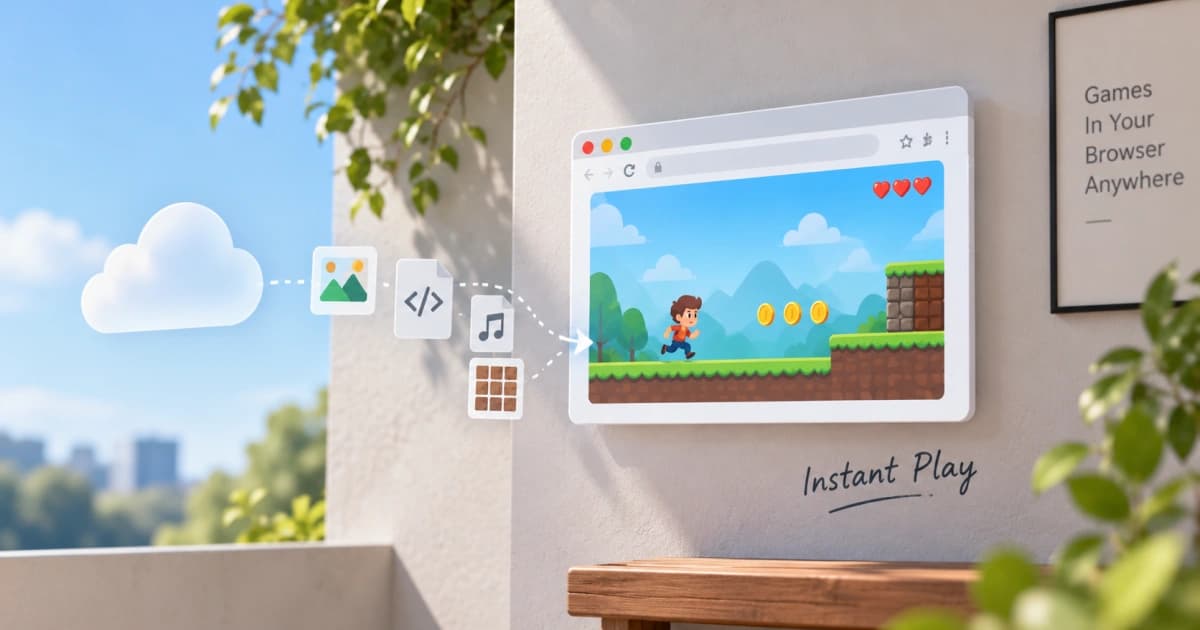 Illustration comparing a traditional game installation process with a browser game that opens instantly inside a web browser without a separate installer.