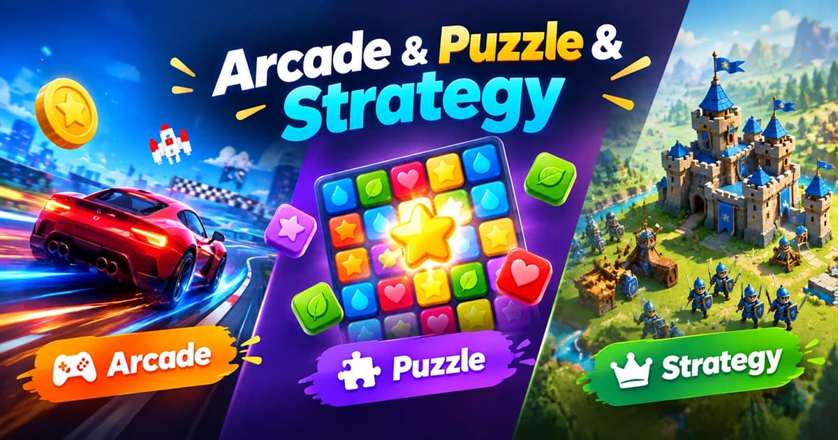 Illustration of three browser gaming paths featuring fast arcade action, thoughtful puzzle solving, and strategic planning with distinct visual styles.