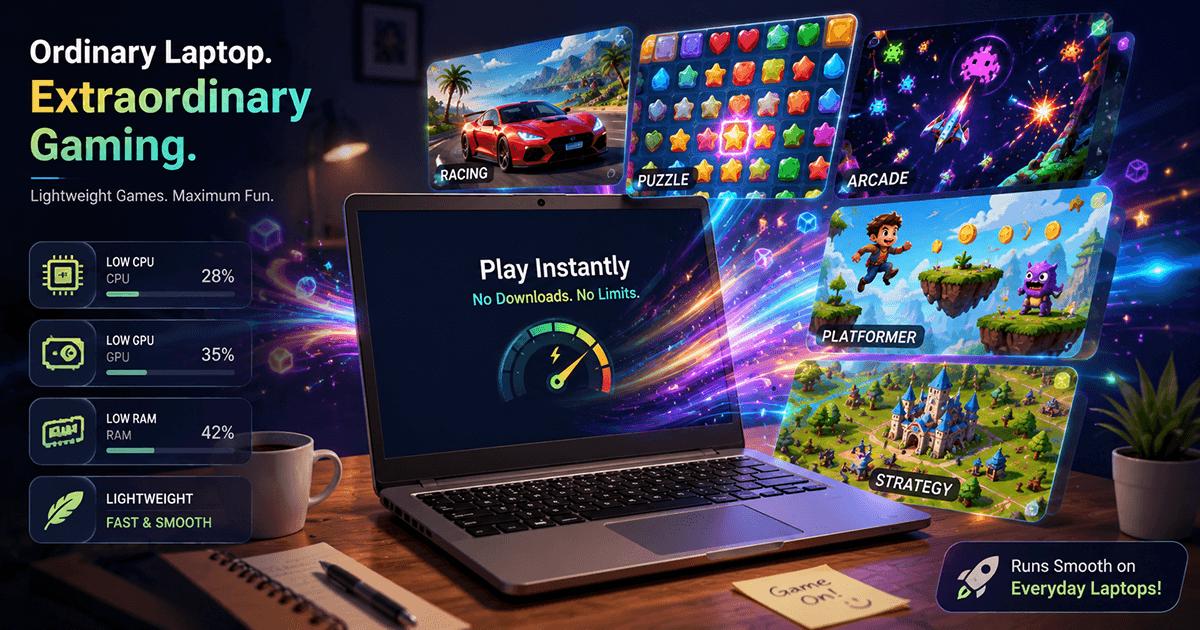 Simple browser games running on an older laptop beside puzzle and arcade game illustrations.