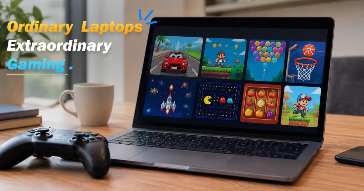 Simple browser games running on an older laptop beside puzzle and arcade game illustrations.