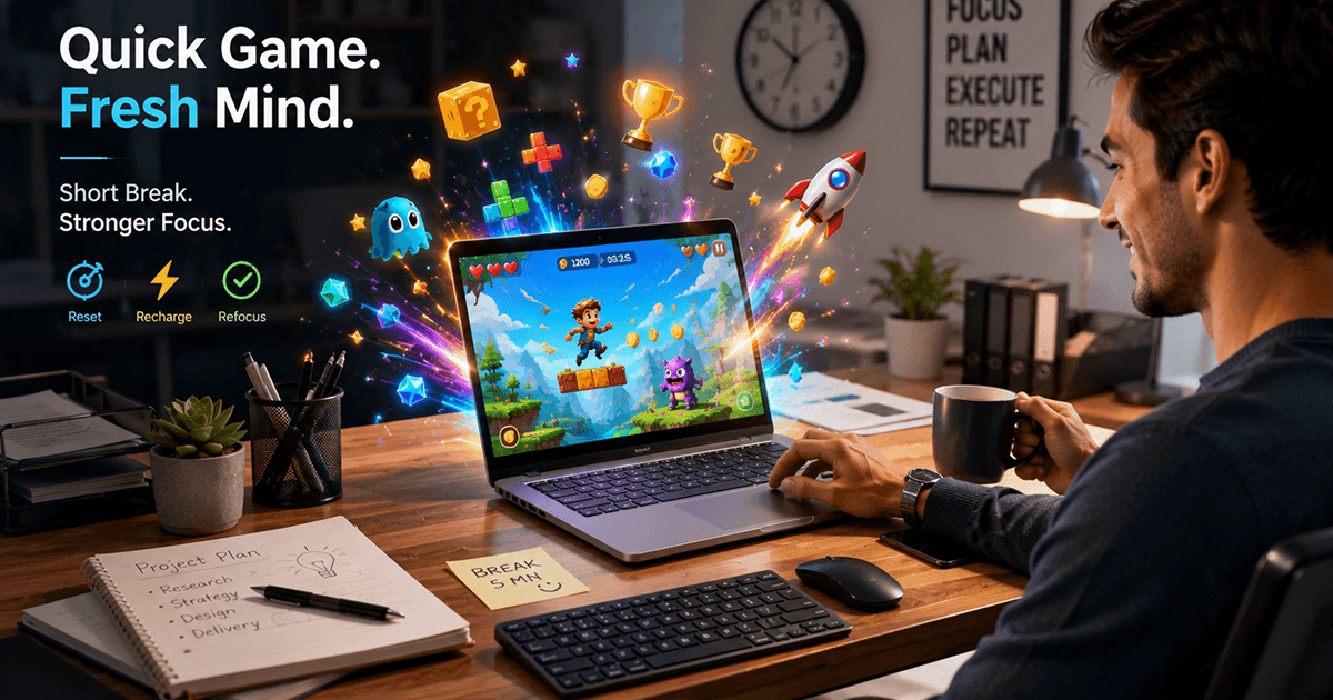 A laptop showing casual browser games beside a coffee mug during a short office break.