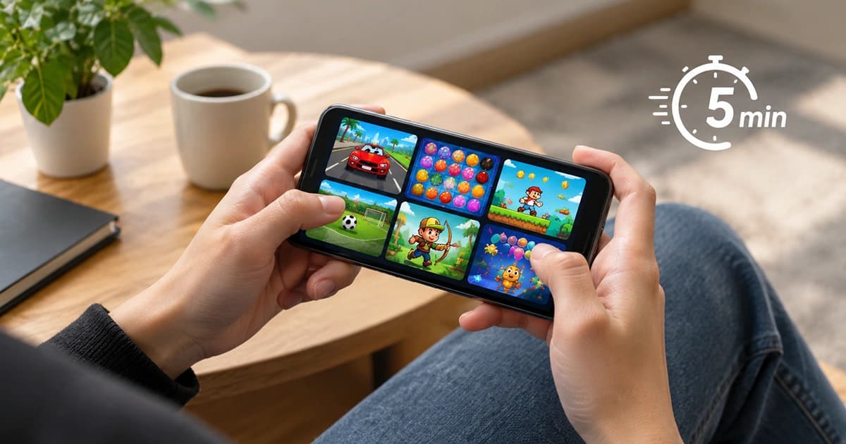 A collection of quick browser games displayed on a laptop for short five-minute gaming sessions.