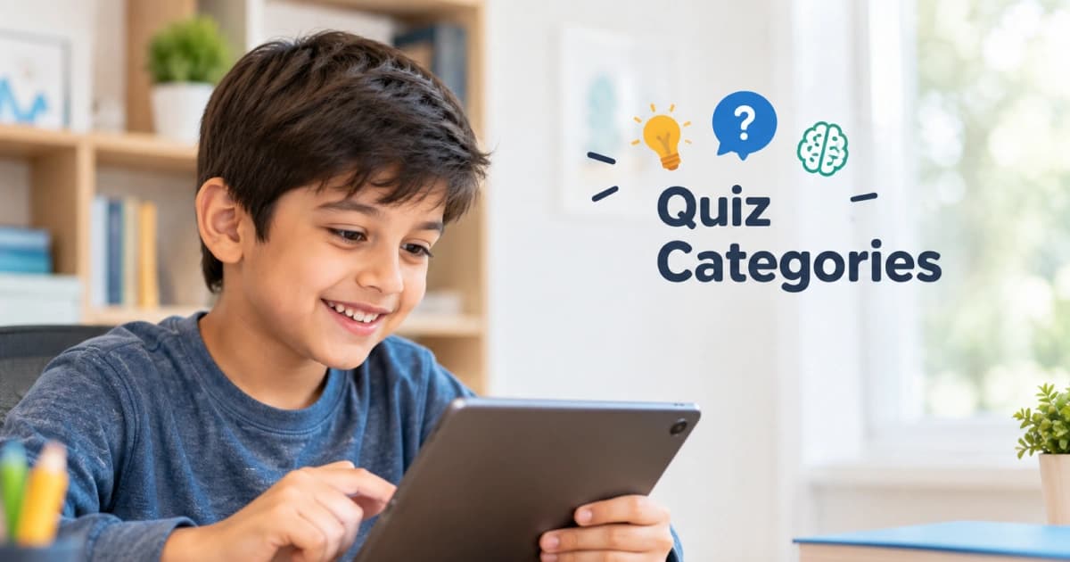 Online quiz categories including science, history, geography, sports, and general knowledge
