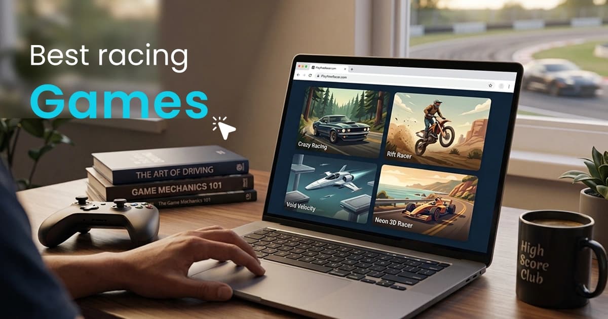 Collection of browser racing games including motorcycles, traffic racing, neon highways, terrain biking, and futuristic space riding.