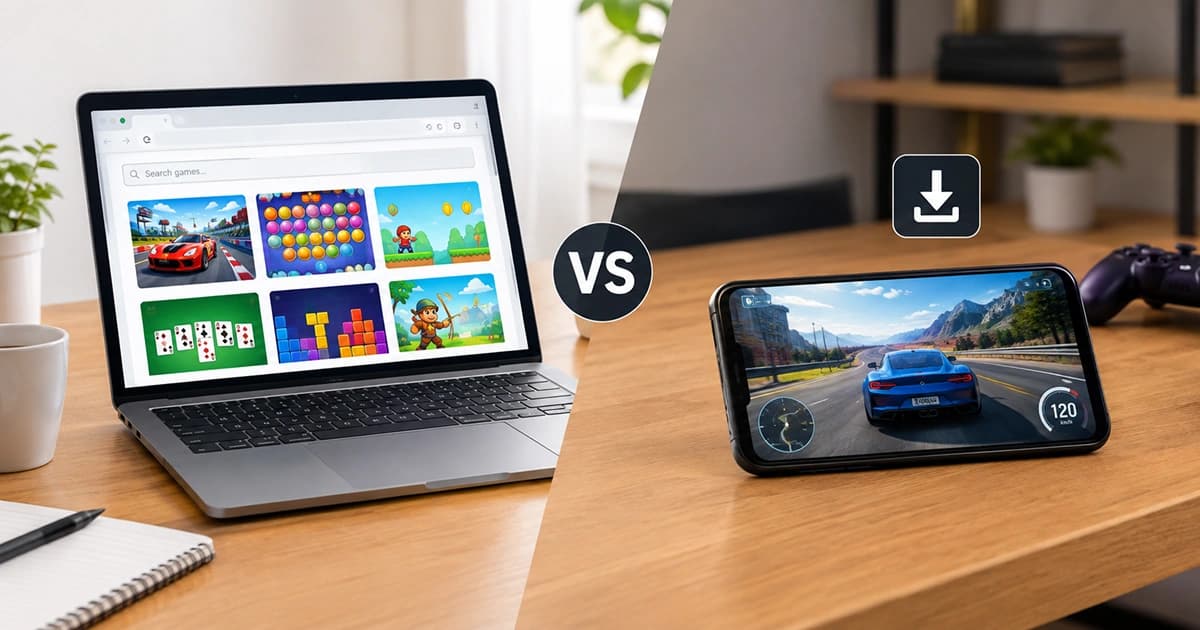 Comparison between browser games and downloaded games showing instant play versus game installation