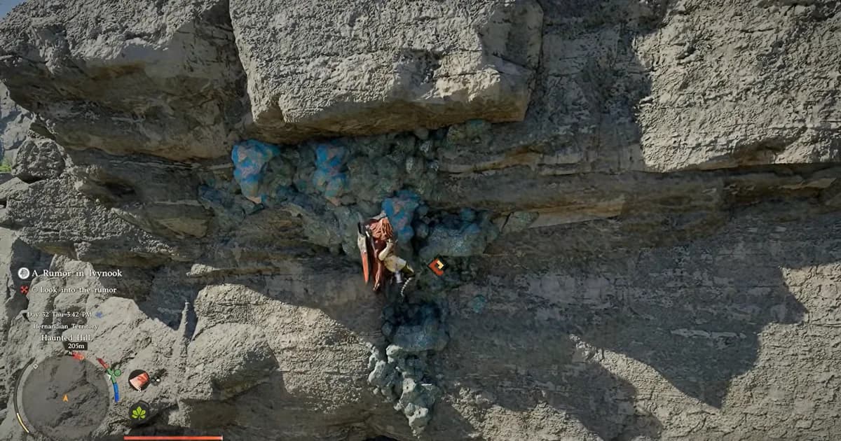 A warrior climbs a steep cliff using glowing blue handholds embedded in the rock.