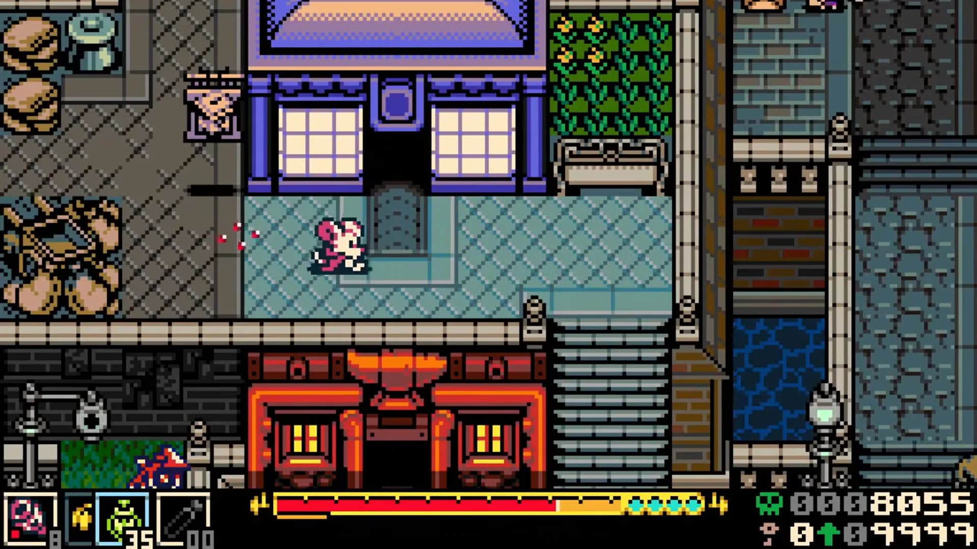 A pixel-art mouse character walks along a detailed town street lined with buildings, stairs and canals.