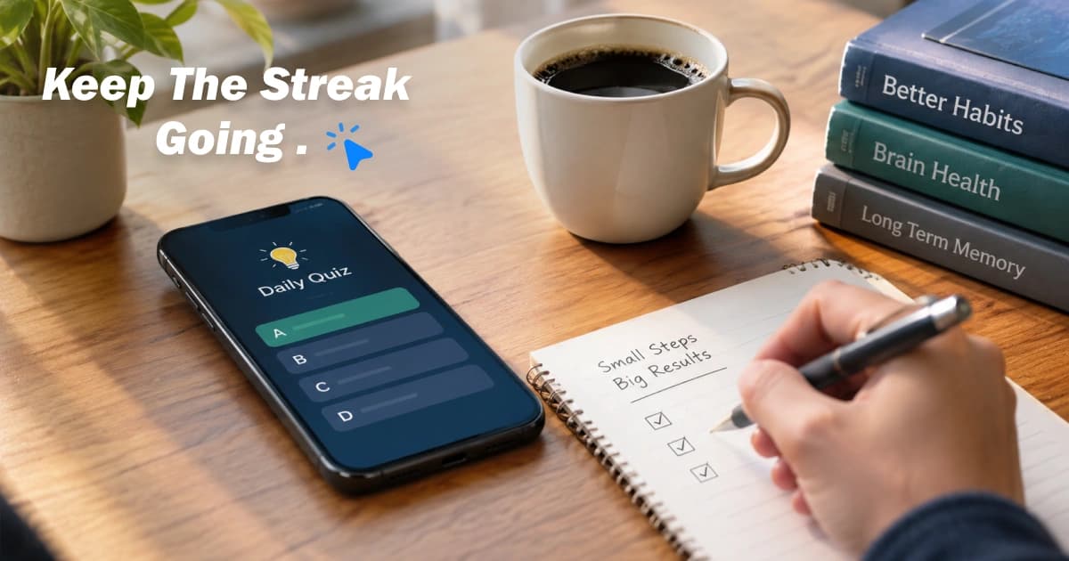Daily quiz challenge streak showing consistent participation, rewards, and learning progress