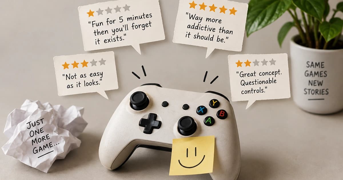 Funny browser game review cards showing brutally honest and sarcastic player opinions