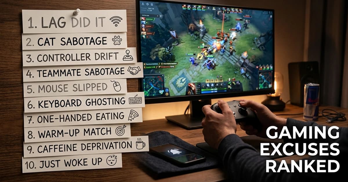 Funny illustration of gamers making exaggerated excuses after losing, with controllers, speech bubbles and playful expressions