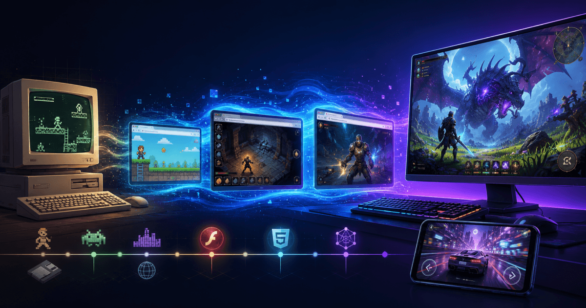 Illustration showing the evolution of browser gaming from an old CRT computer displaying simple pixel-based web games to modern HTML5 games running across desktop computers, tablets, and smartphones.