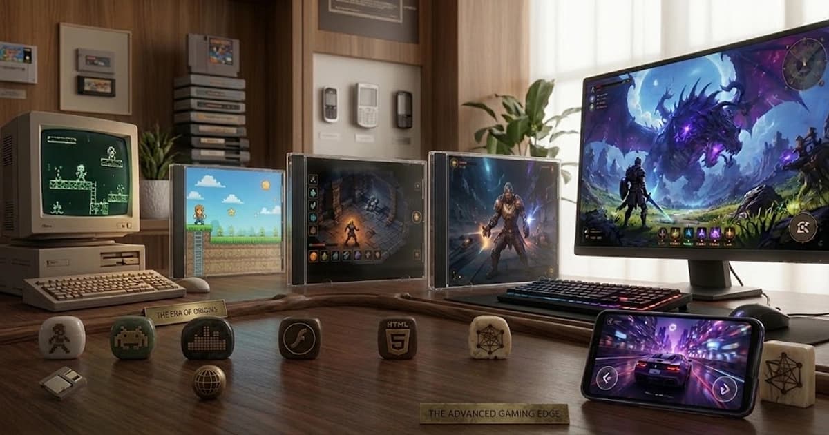 Illustration showing the evolution of browser gaming from an old CRT computer displaying simple pixel-based web games to modern HTML5 games running across desktop computers, tablets, and smartphones.