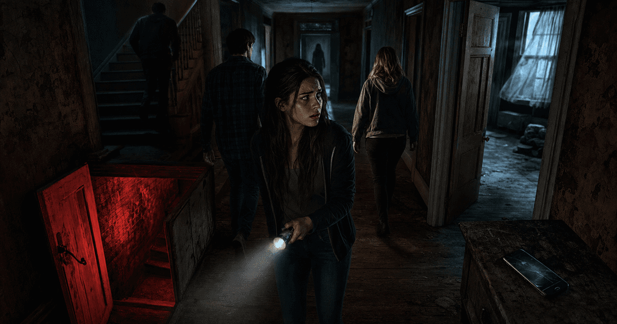 Scared horror movie character making a bad decision in a dark hallway