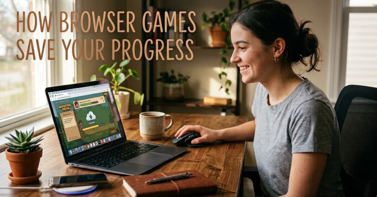 A digital illustration showing browser game progress moving between a game screen, browser storage, a player account, and cloud synchronization, with save icons, checkpoints, and connected devices in a modern gaming environment.