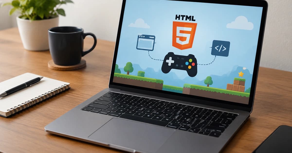 Illustration of an HTML5 browser game divided into connected technical layers including the browser, JavaScript, Canvas and WebGL rendering, audio, input handling, storage, and networking working together.