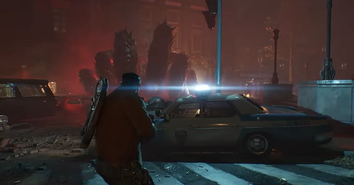Marcus battles towering Locust monsters in the middle of a ruined city street during an intense combat encounter.