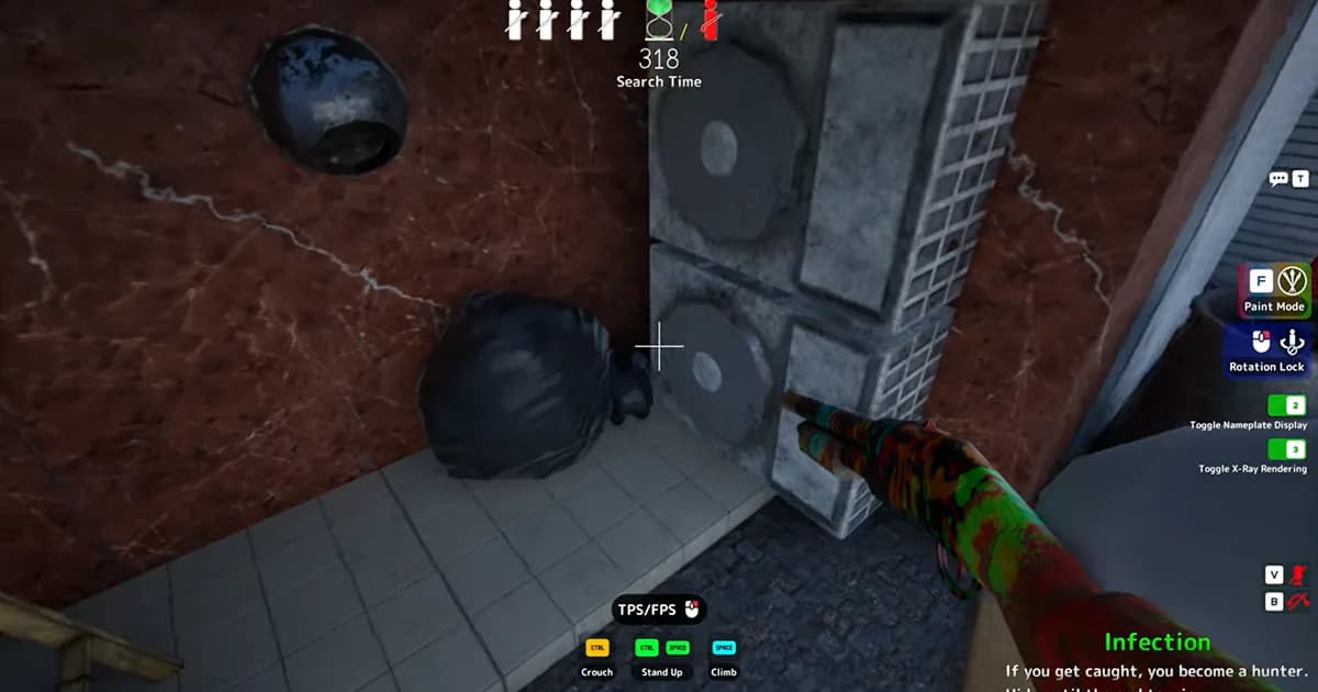 A hunter carefully inspects a corner filled with vents, pipes and rubbish bags while searching for hidden players.