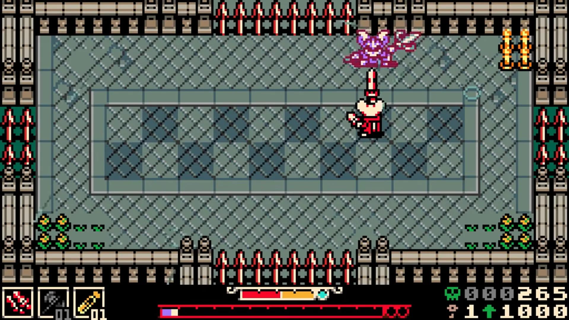 A pixel-art mouse character attacks a large purple enemy inside a tiled arena surrounded by decorative walls and barriers.