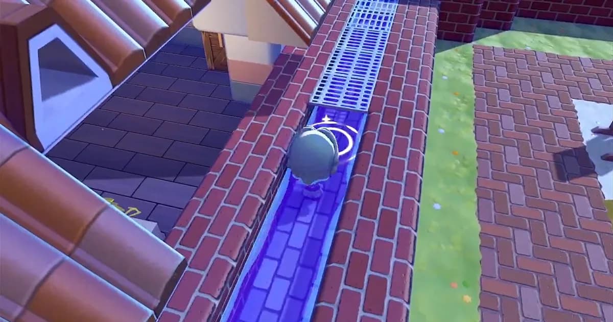 A player travels through a narrow water channel between brick buildings using a movement ability.