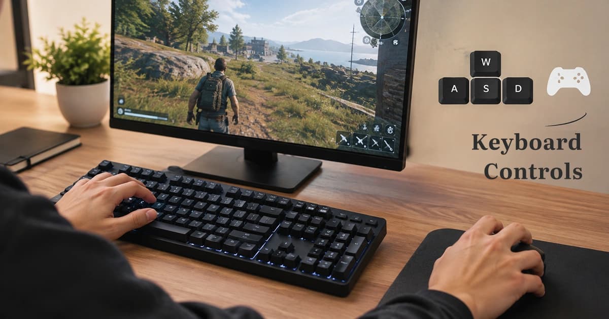 A computer keyboard with common browser game controls including WASD, arrow keys, Space, Shift, and number keys highlighted to illustrate typical gaming layouts.