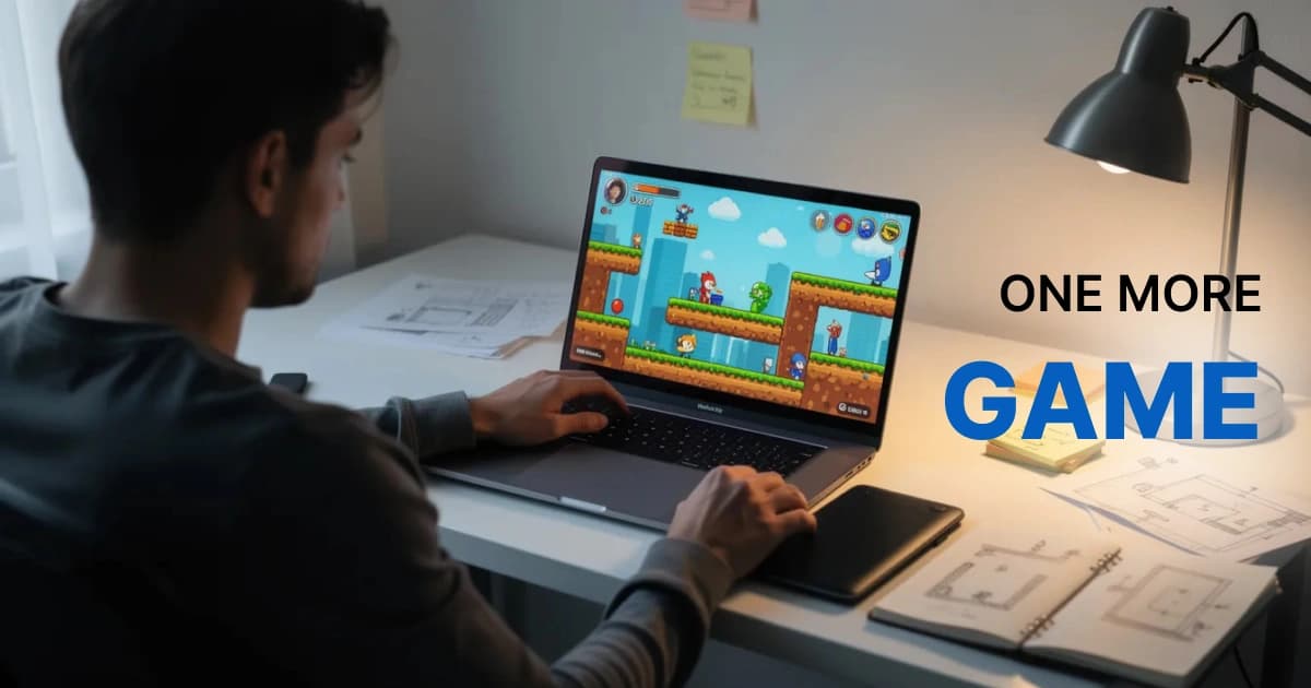 Gamer staring at a screen late at night tempted to play one more game