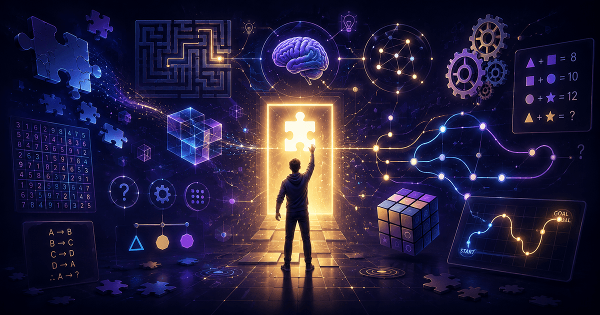 Illustration of a beginner progressing through different puzzle challenges including logic grids, matching pieces, number puzzles, block puzzles, and spatial reasoning tasks.