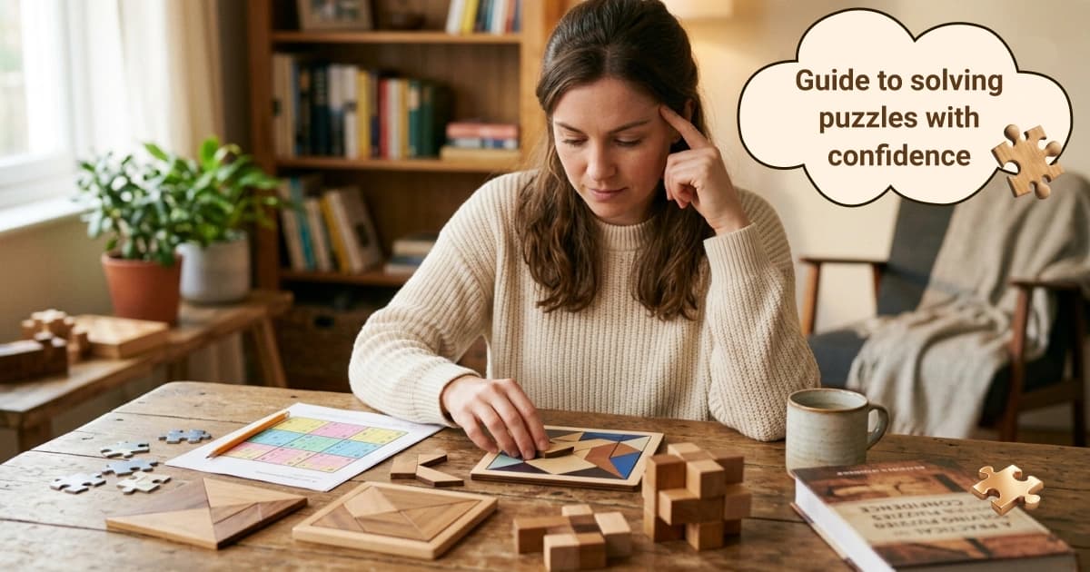 Illustration of a beginner progressing through different puzzle challenges including logic grids, matching pieces, number puzzles, block puzzles, and spatial reasoning tasks.