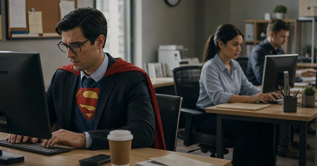 Superheroes working ordinary office jobs in a funny corporate environment