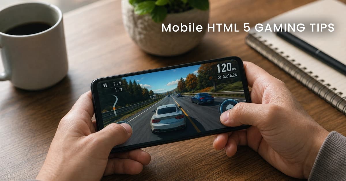 A smartphone displaying a colorful HTML5 browser game with touch controls, shown in both portrait and landscape orientation alongside subtle performance icons, capturing a modern mobile gaming atmosphere.